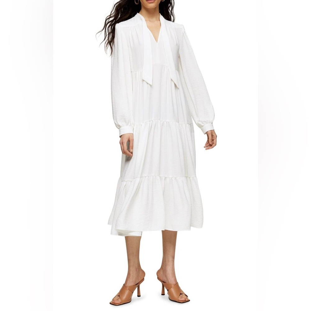 NEW TOPSHOP White Tiered Tie Neck Chuckon Long Sleeve Midi Dress 8US 12UK 40EUR